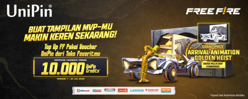 Top Up FF pakai Voucher UniPin di Toko Favoritmu, Dapatkan Cashback hingga 10.000 UC dan Miliki Arrival Animation Golden Heist!